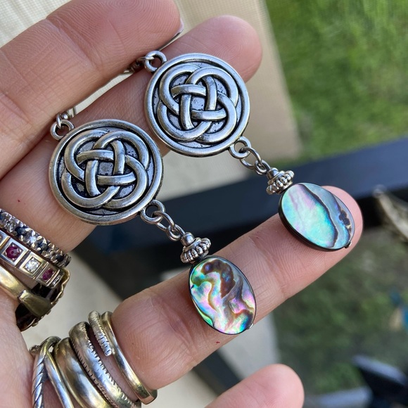 Celtic knot dangly earrings & genuine iridescent blue green abalone shell charms - Picture 9 of 10